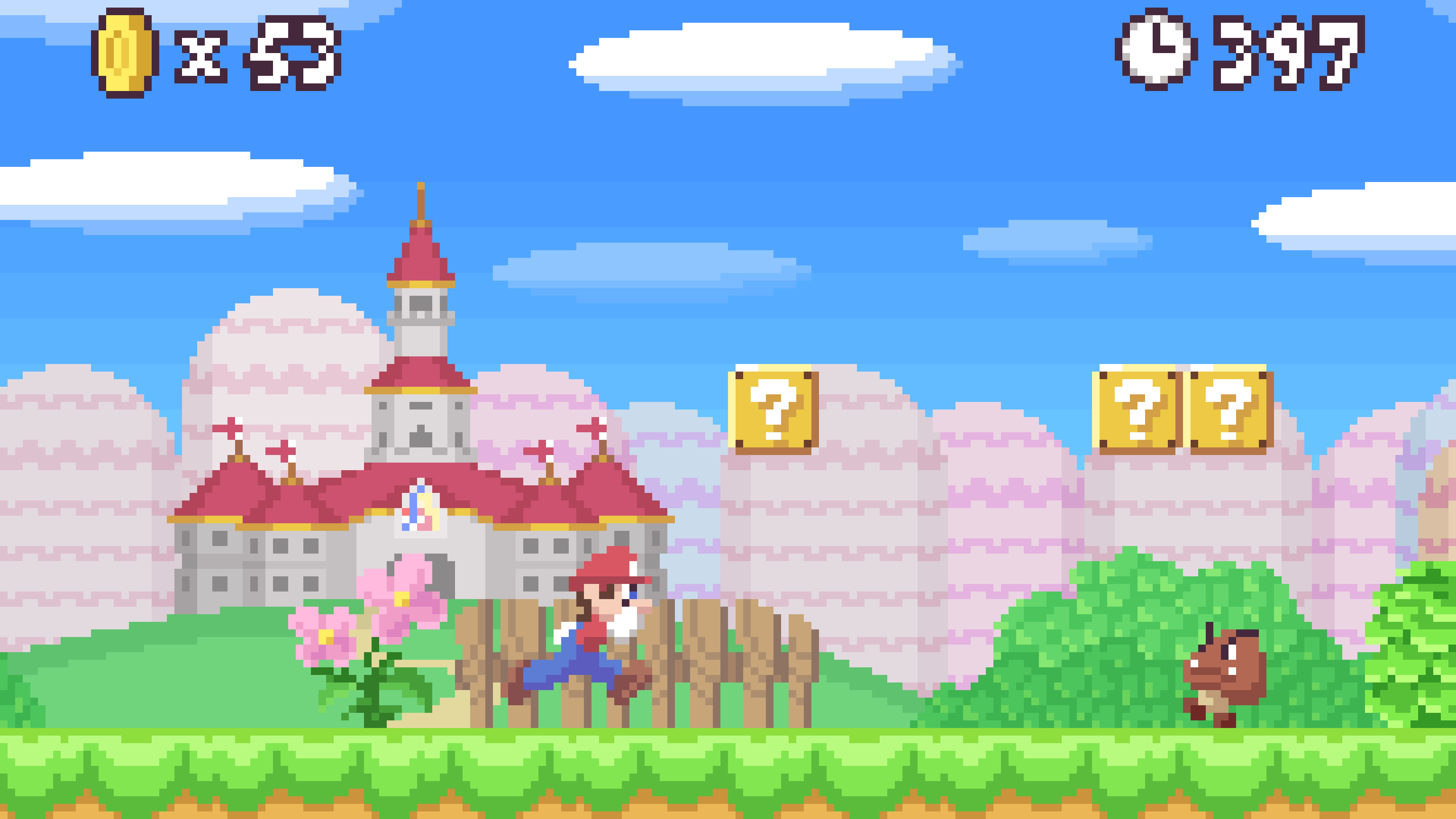 Pixel art of the beginning of the first level in New Super Mario Bros. Mario is on the left running towards a Goomba on the right. Above them are three question mark blocks. The background consists of Peach’s castle on a hill and a blue sky with some oval clouds. The HUD shows coin icon times 53 and clock icon 397 seconds.