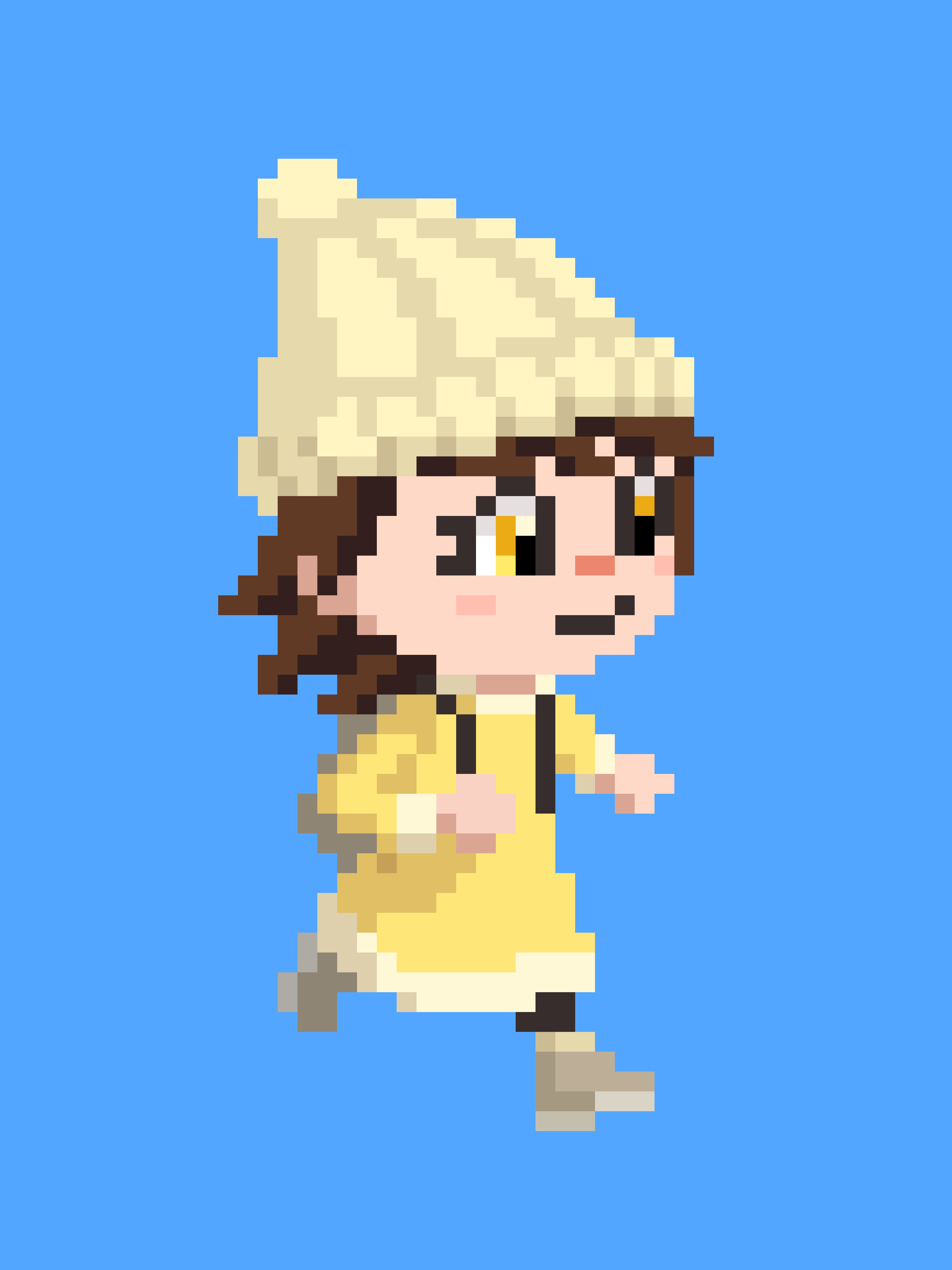 Pixel art of my Animal Crossing: New Horizons character in winter clothes and a backpack, walking to the right with a light smile. The character is wearing a long dress with long sleeves in a very soft and mild pastel yellow with beige fluff around the wrist, neck and bottom openings, a beige pom pom hat, dark beige shoes, black tights and a dark beige backpack. The right arm is holding the right backpack strap and the left arm is stretched out back in movement with each step.