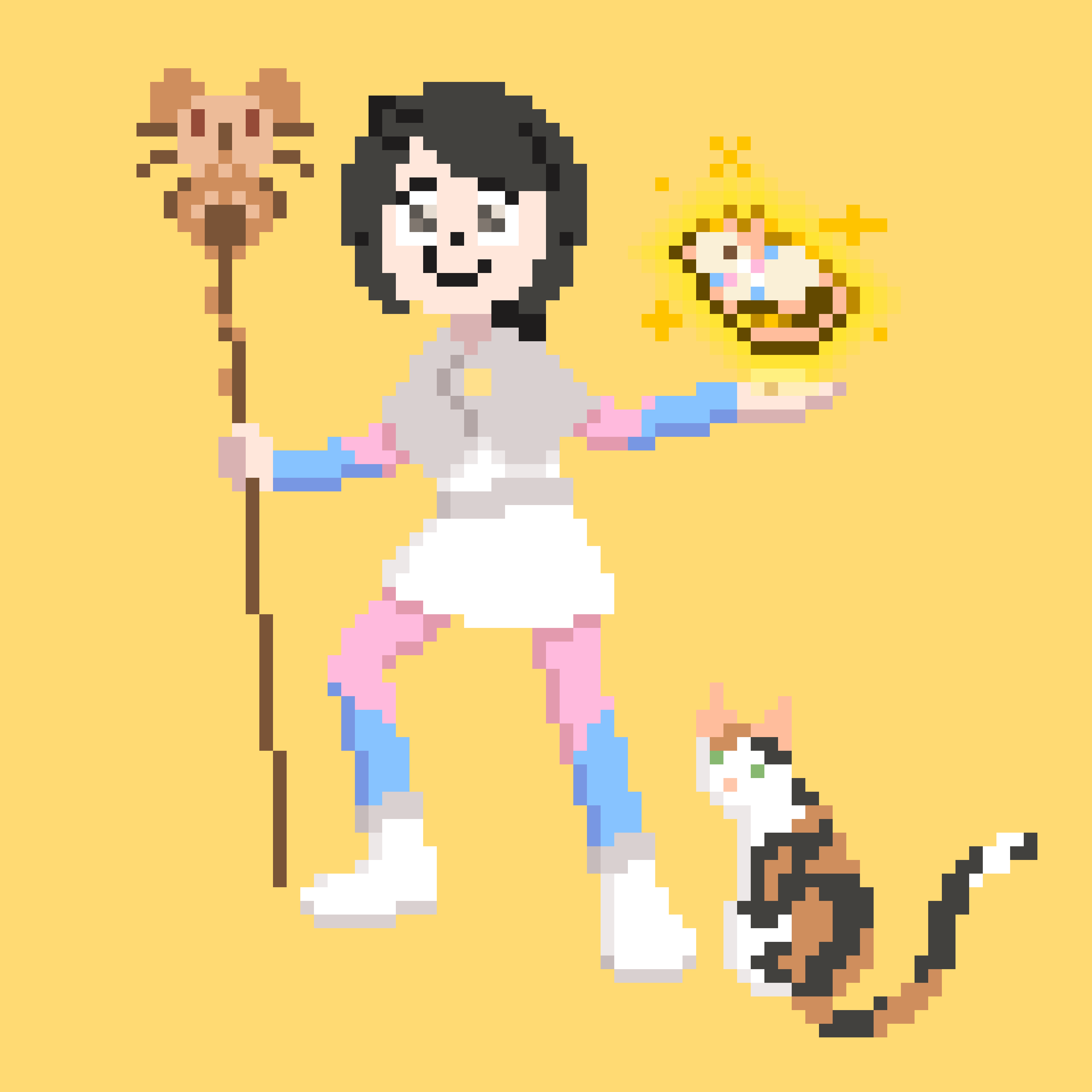 Pixel art of Riley as an Owl House character, wearing what resembles a Hexside uniform with many colours as worn by Luz, but the colours are the trans flag colours instead. Riley is leaning on a wooden staff with a wooden rat (Toast) and letting a Transition Rat Charm float above their other hand. The charm looks like the real trans rat pin and has shimmering golden outlines, golden sparkles and a yellow glow around it. Cotton the cat is sitting next to Riley.