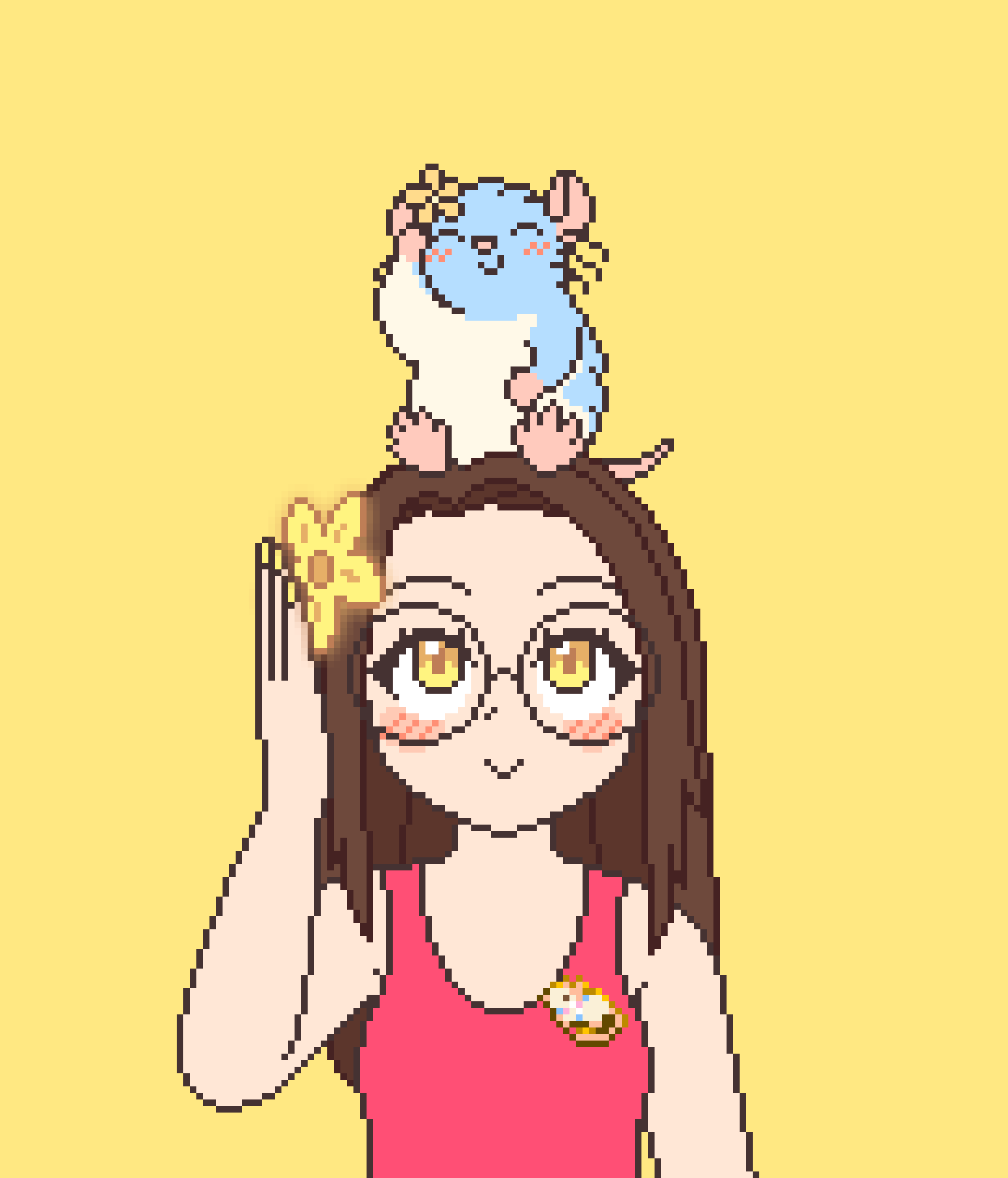 Pixel art of Puff the rat sitting on my persona’s head. Puff and my persona are both smiling and blushing and putting on their yellow flower hair clips with their right hand/paw, almost in the same pose. Puff is Riley’s OC, a fluffy blue rat wearing a small rat-sized yellow/orange flower pin with five round petals. My persona has long dark brown hair, light skin and yellow eyes looking up to Puff. She wears a larger slightly glowing yellow flower pin with five petals. Pinned to her pink tank top like a Star Trek combadge is the legendary trans rat pin (the actual trans pride pin sold by Riley of a rat wearing a trans scarf) that Lily received from Riley the Rat Witch almost a year ago. Rumour has it that the pin is also a concealed voice communicator that can be used to contact Rat Fleet or the United Federation of Queers.