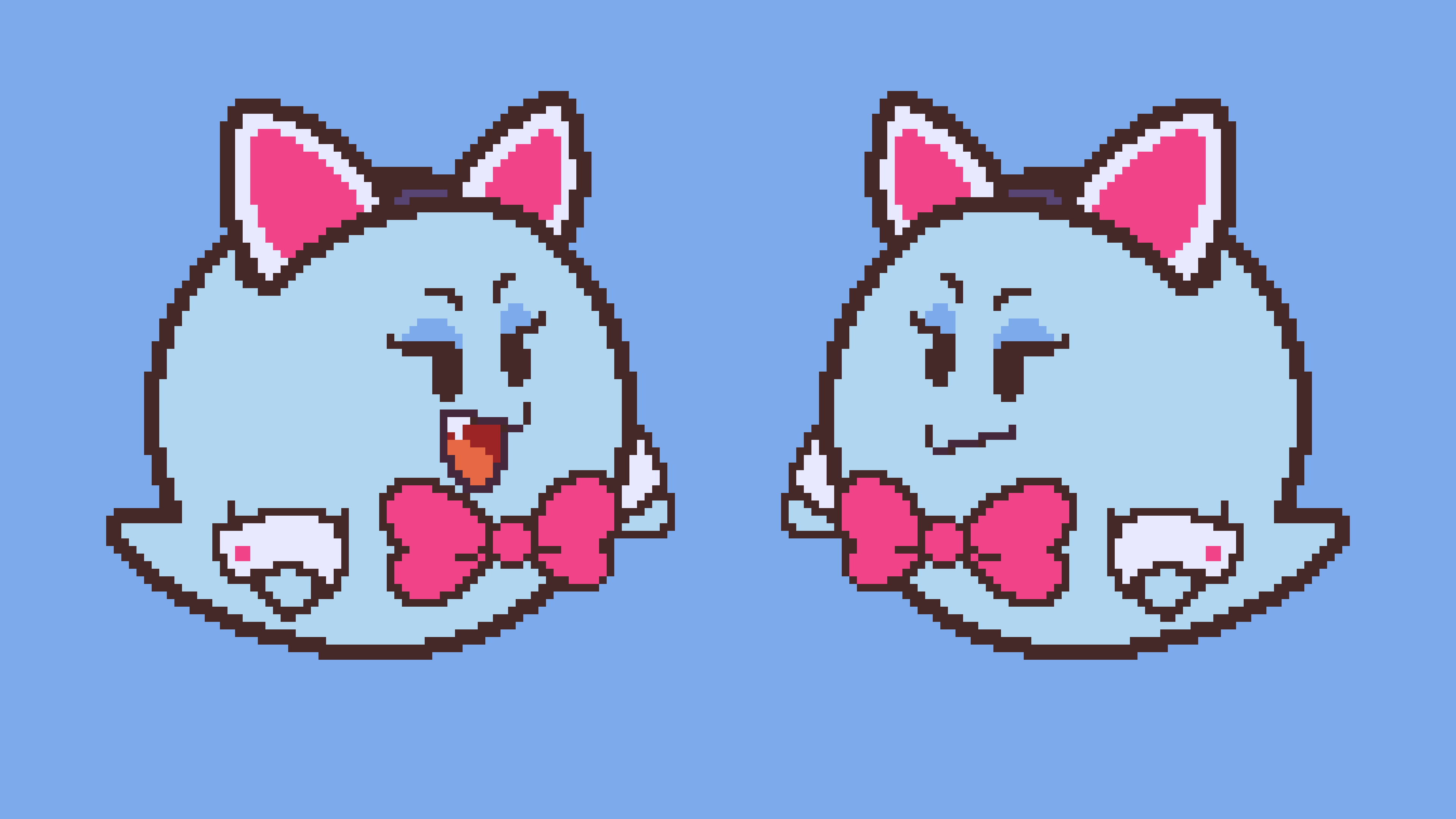 Pixel art of the Boo sisters Lahla and Peeka from Paper Mario: The Thousand-Year Door looking at each other. They are mostly regular identical Boos but their bodies have a tinge of blue and they wear bunny suit-like cuffs, pink bow ties, fake pink cat ears and blue eyeshadow. Lahla smiles cheekily with an open mouth, revealing a short fang, and Peeka smirks with a closed mouth.