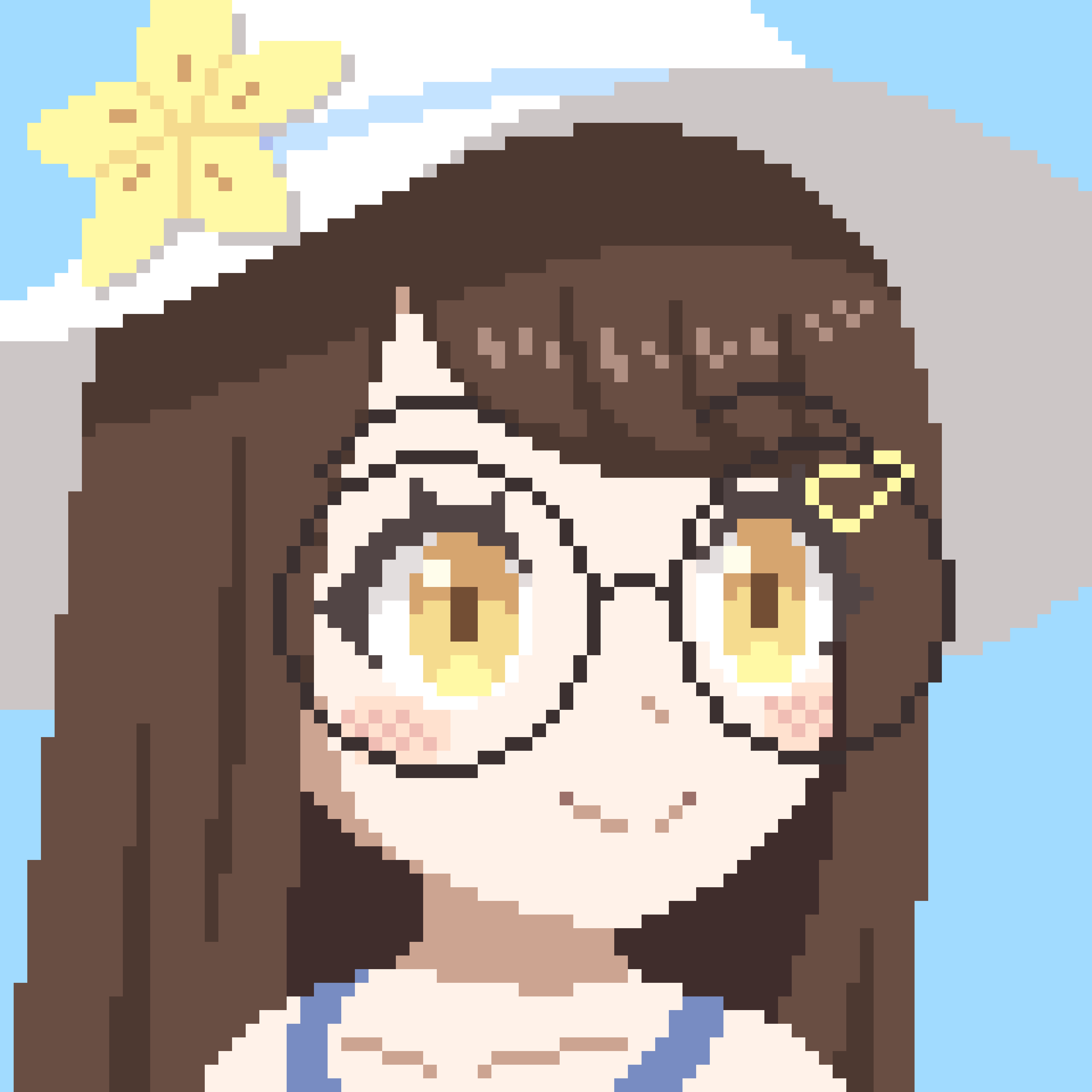 Pixel art portrait of my Pokémon Moon character facing slightly to the right with a smile. She has yellow eyes, long dark brown hair and light skin and she is wearing big round glasses and a white sun hat like the one worn by Lillie from Sun/Moon, with a yellow flower accessory pinned to its side.