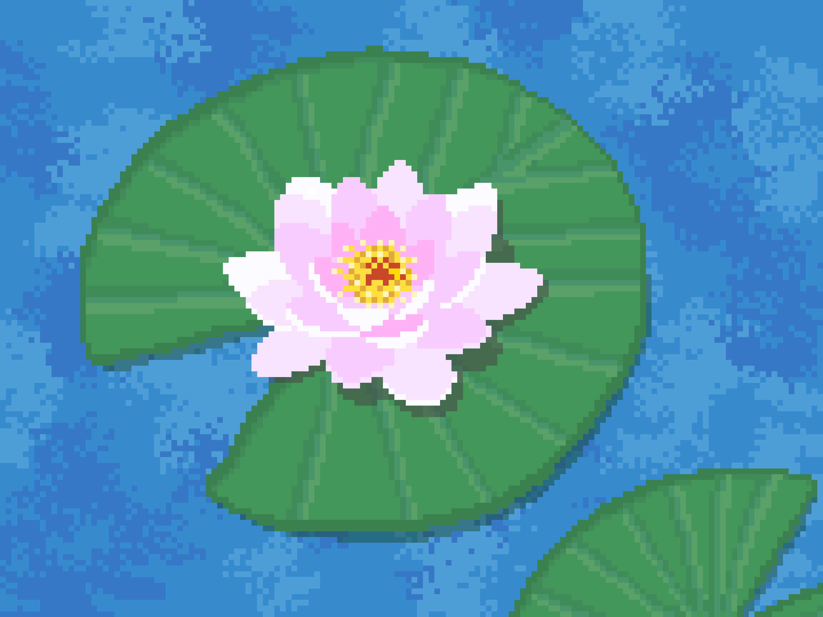 Pixel art top-down view of a white and slightly pink water lily blossom in front of one big and a slightly smaller leaf on paint-like water.