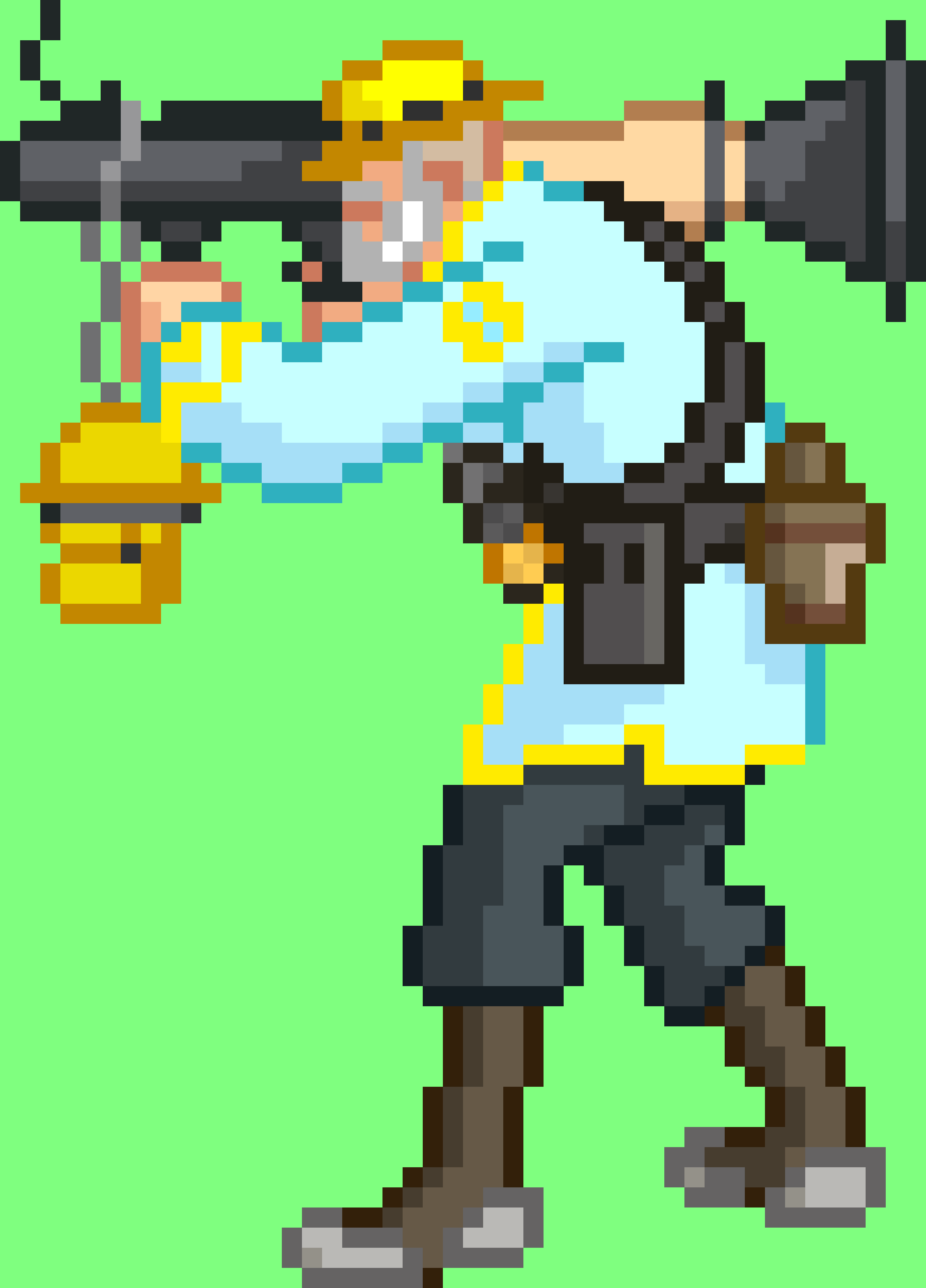 Pixel art of my TF2 Soldier with a golden botkiller rocket launcher and a yellow hat